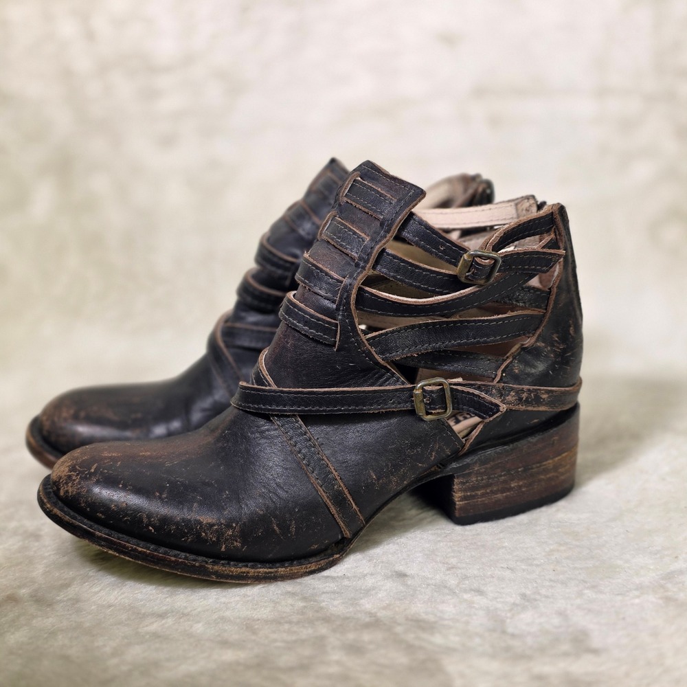 Freebird Stair Ankle Booties Boots Black Distressed Leather Strappy Women 6